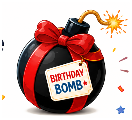 A BirthdayBomb wrapped with a red ribbon